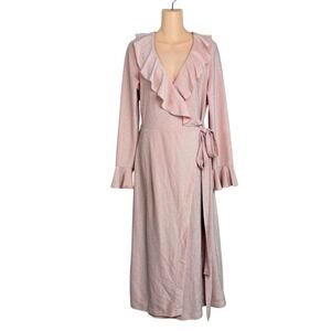 Free People Pink Occasion Ruffle‎ Wrap Midi Dress Shimmer Long Sleeve L